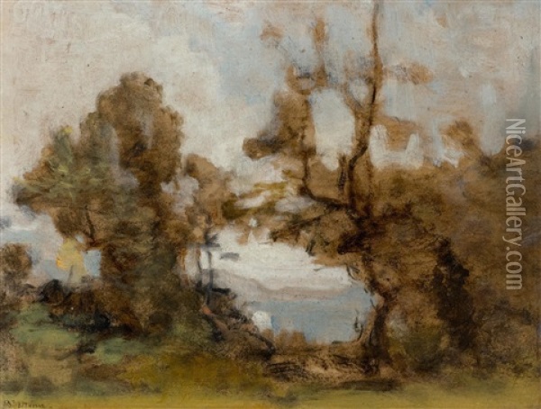 Landscape Study Verso, A Study Of Head Oil Painting - Barthelemy Menn