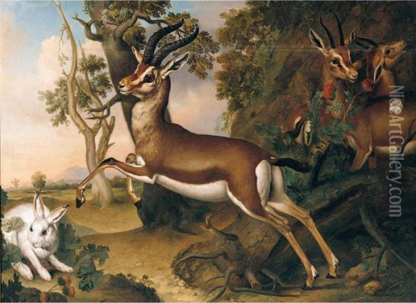 Antelope With A Hare In A Landscape Oil Painting - Ferdinand Phillip de Hamilton