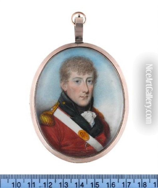 An Officer, Wearing Red Coat With Black Facings And Standing Collar, Gold Buttons And Epaulettes, White Cross Belt With Oval Gilt-metal Belt Plate Engraved Smr, White Frilled Chemise And Black Stock Oil Painting - Thomas Hazlehurst