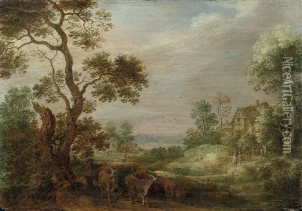 A Wooded Landscape With A Herdsman And His Herd, A Cottage Beyond Oil Painting - Gysbert Gillisz de Hondecoeter