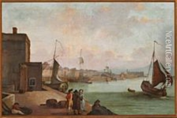 Harbour Scene With Elegant People On The Quay And The Ship Vortuna Oil Painting - Ludwig Philipp Strack