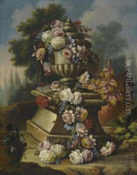 A Still Life With A Garland Of Roses, Tulips, Carnations And Other Flowers, Draped Around A Stone Urn In A Landscape Oil Painting - Giacomo Nani