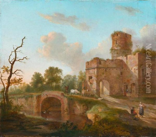 Landscape With A River And Ruins Oil Painting - Hendrik Frans de Cort