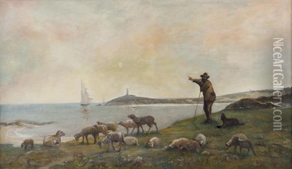 Pastore Con Pecore In Riva Al Mare Oil Painting - Theodore Jourdan