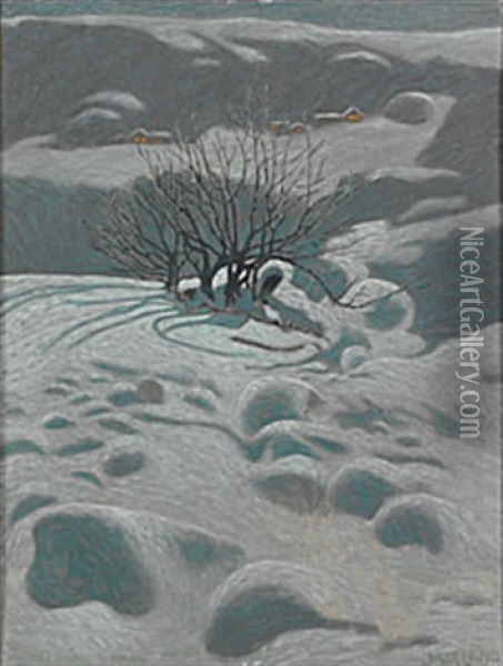 Vinterlandskap Med Stugor Oil Painting - Bror Lindh
