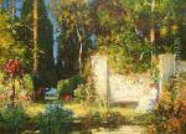 Lady In A White Dress Seated In A Garden. Oil Painting - Thomas E. Mostyn
