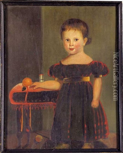 Portrait Of A Young Boy Wearing A Red Dress With Gold Sash, Sleeve Bands And Shoes Oil Painting - John Sherburne Blunt