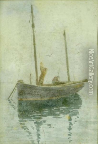 Fishermen Preparing Their Boat Initialled And Dated 1924 9.5 X 6.5in Oil Painting - Henry Scott Tuke