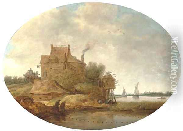 A river landscape with peasants fishing near an inn Oil Painting - Jan Coelenbier