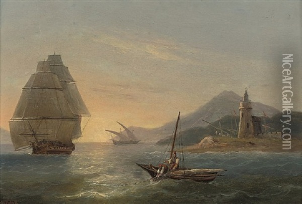 Fishermen Casting Their Nets Off A Lighthouse In The Strait Of Messina, With Mt. Etna Beyond Oil Painting - Thomas Luny