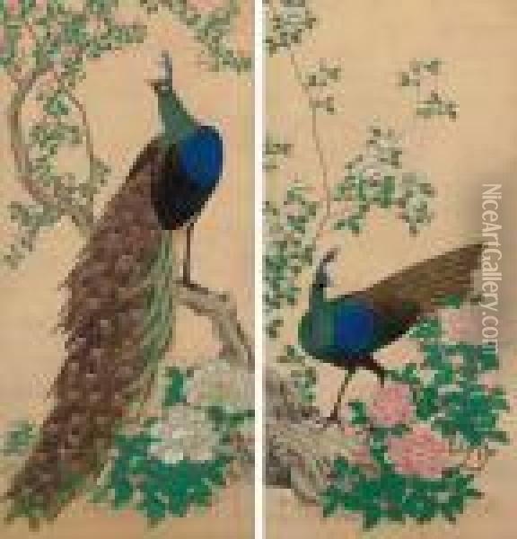 Peacocks And Peonies Oil Painting - Mori Tetsuzan