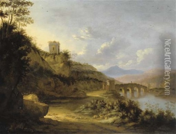 Paesaggio Fluviale Con Un Ponte Fortificato E Un Mausoleo Oil Painting - Horatius de Hooch