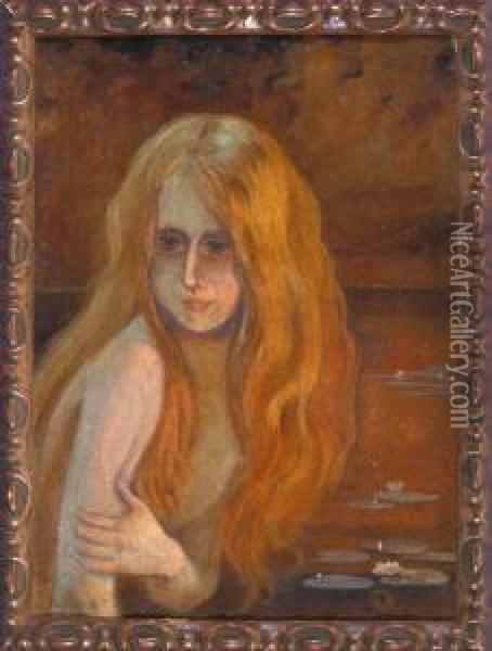 Madchenhalbakt Mit Langen Blonden Haaren Am Seerosenteich Oil Painting - Paul Chabas