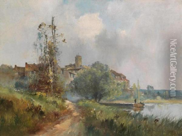 Idyllic River Landscape With Angler Oil Painting - Eugene Galien-Laloue