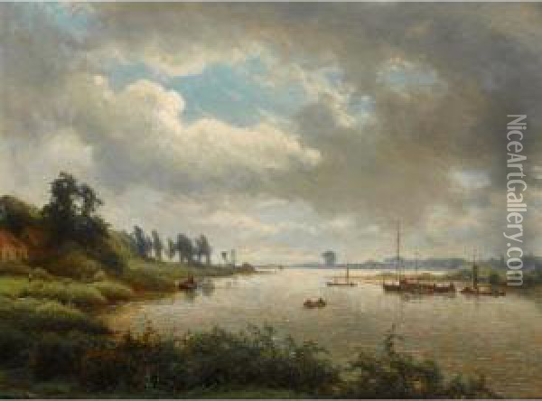 Boats On A River In Summer Oil Painting - Jan Frederik Van Deventer