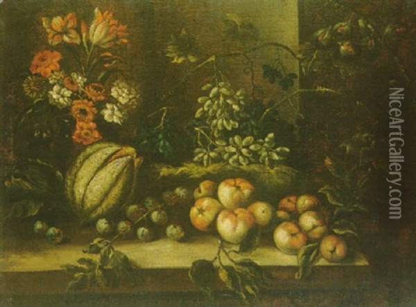 Nature Morte Au Bouquet De Fleurs De Fruits Disposes Sur Un Entablement Oil Painting - Francesco Della Questa