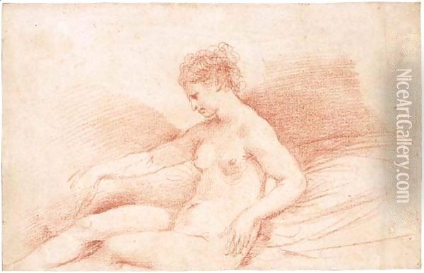 A female nude seated on a bed, her elbow resting on a cushio Oil Painting - Giovanni Francesco Barbieri