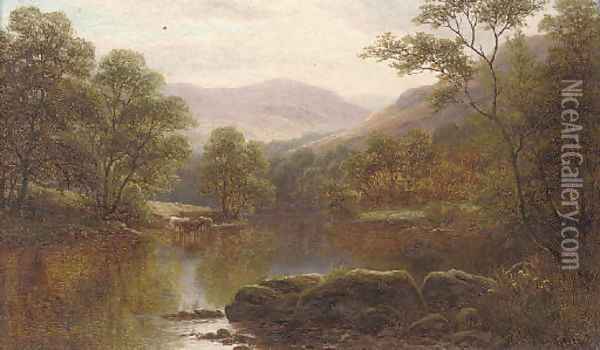 Cattle watering on the Conway, North Wales Oil Painting - William Mellor