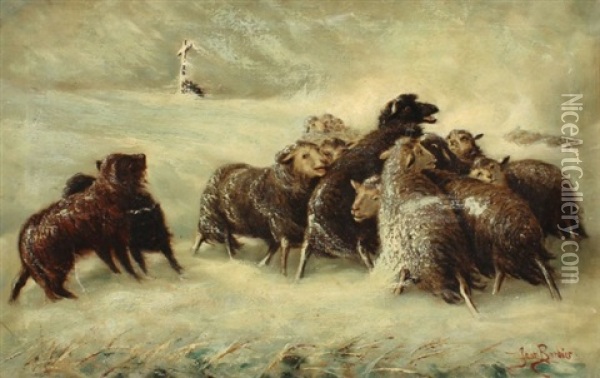 Sheep In Snowstorm Oil Painting - Jean Jacques Francois Le Barbier