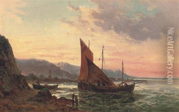 Fishing Boats Setting Sail At Dawn Oil Painting - Julius Karl Rose