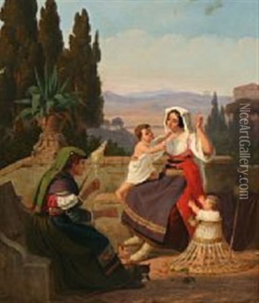 Roman Family Idyll With A Mother And Two Small Children Visiting Grandmother Oil Painting - Peter (Johann P.) Raadsig