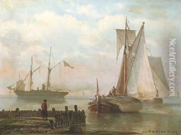 Sailing vessels and a steamship on a calm Oil Painting - Johannes Hermanus Koekkoek