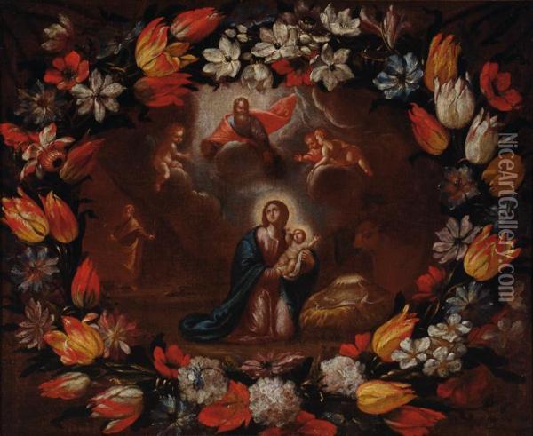 Mary With Floralwreath Oil Painting - Mario Nuzzi Mario Dei Fiori