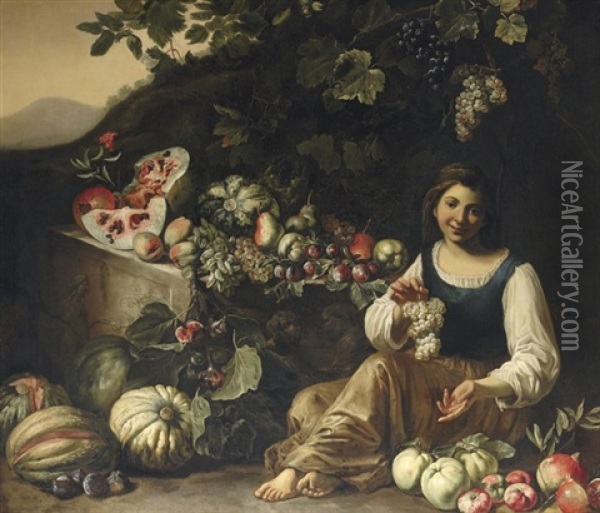 A Girl Holding A Bunch Of Grapes, With A Melon, Squashes, Plums And Other Fruit, In A Landscape Oil Painting - Michelangelo Cerquozzi