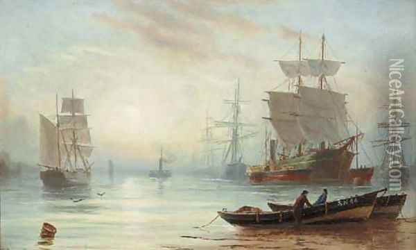 Shipping in a calm, early morning Oil Painting - Bernard Benedict Hemy