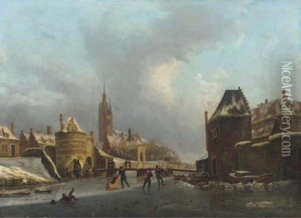 Winterfun On A Frozen Canal By The Oosterpoort, Delft Oil Painting - Petrus Augustus Beretta