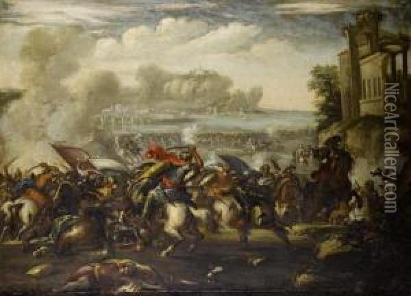 A Cavalry Skirmish Between Turks And Europeanswith A Fortified Town And Harbour Beyond; Oil Painting - Ilario Mercanti Spolverini
