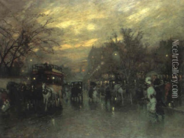 Pariser Boulevard In Der Abenddammerung Oil Painting - Antal Berkes