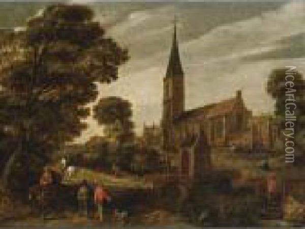 A Wooded Landscape With Figures Near A Church And Two Monks Conversing On A Stone Bridge Oil Painting - Esaias Van De Velde