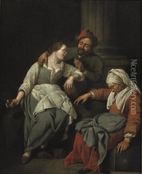 A Couple Embracing, A Procuress Asleep Nearby Oil Painting - Jacob Van Toorenvliet