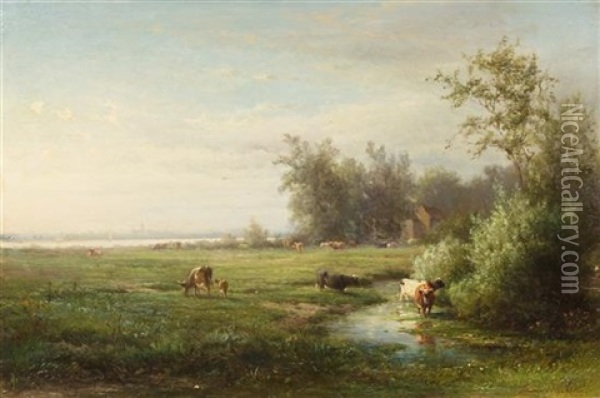 Landscape With Cows Oil Painting - Derk Jan van Elten