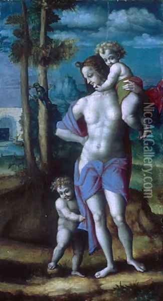 Eve with Cain and Abel fragment 1520s Oil Painting - Francesco Ubertini Bacchiacca II