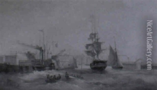 Navire Et Bateau-vapeur Aux Abords De L'entree D'un Port Oil Painting - Hippolyte Jean Baptiste Garneray