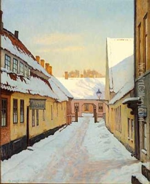 Solrig Vinterdag I Byen, I Huset Til Venstre Er Der Keglebane Oil Painting - Jakob Hansen