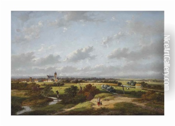 A Panoramic River Landscape With A Village Beyond Oil Painting - Jan Evert Morel the Younger