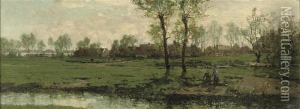De Twee Boomen Aan De Oude Werf: On The Riverside Oil Painting - Johann Hendrik Van Mastenbroek