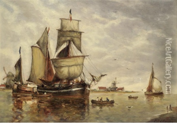 Barges Moored Before A Windmill Oil Painting - Paul Jean Clays