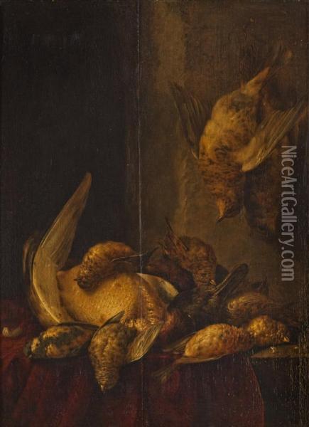 Cacciagione Di Penna Su Un Piano Con Panno Rosso Oil Painting - Cornelis van Lelienbergh
