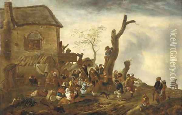 Peasants making merry by a cottage Oil Painting - Philips Wouwerman