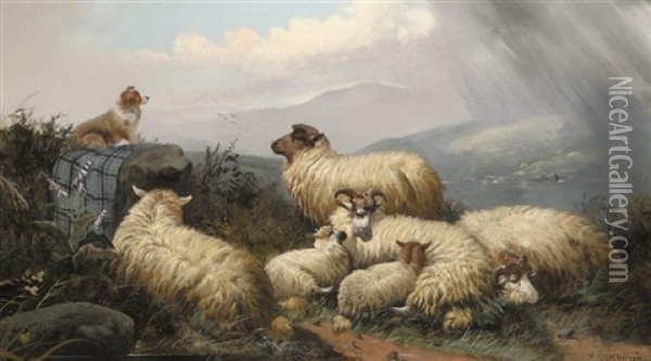 Guarding The Sheep Oil Painting - John W. Morris