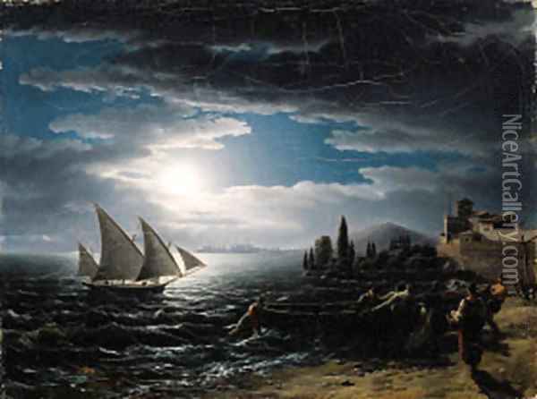 Fishermen returning at sunset Oil Painting - Lancelot Theodore Turpin De Crisse
