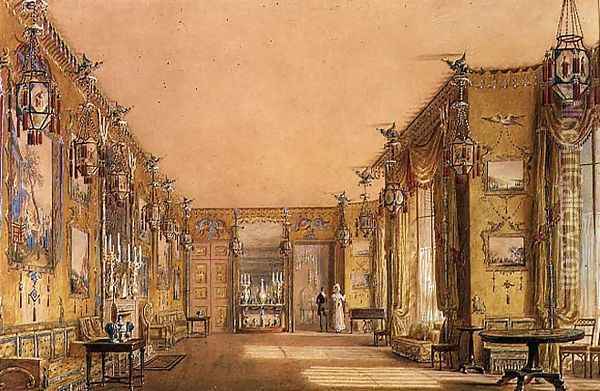 Interior of the Yellow Drawing Room at Brighton Pavilion, c.1820 Oil Painting - Augustus Charles Pugin