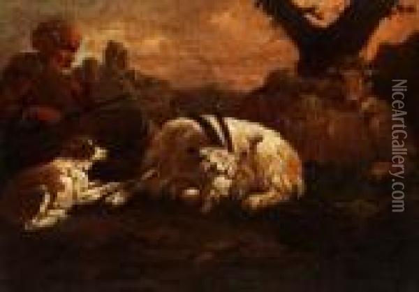 Schafer Mit Hund Und Wollziegen In Sudlicher Landschaft Oil Painting - Philipp Peter Roos