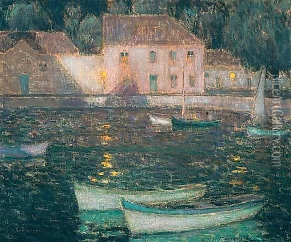 Barques Blanches Au Clair De Lune Oil Painting - Henri Eugene Augustin Le Sidaner