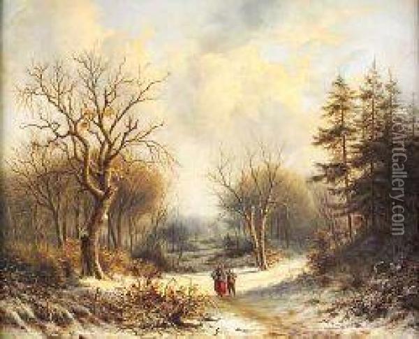 Figures In A Snow Covered Woodland Landscape Oil Painting - Barend Cornelis Koekkoek