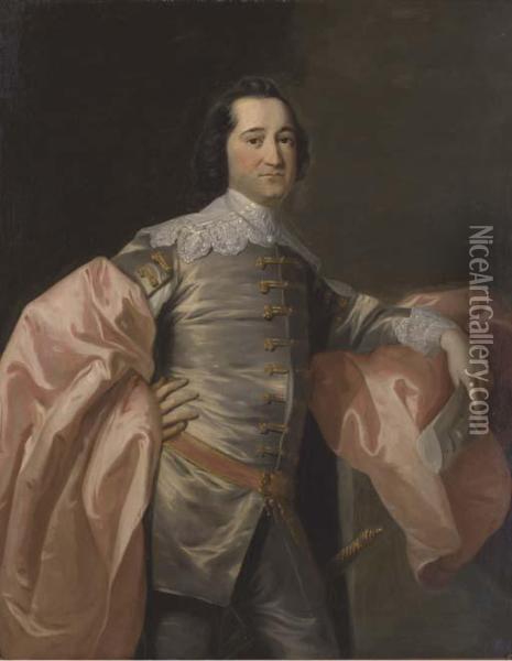Portrait Of Gentleman, Three-quarter-length, In A Grey Jacket Andpink Wrap Oil Painting - Allan Ramsay